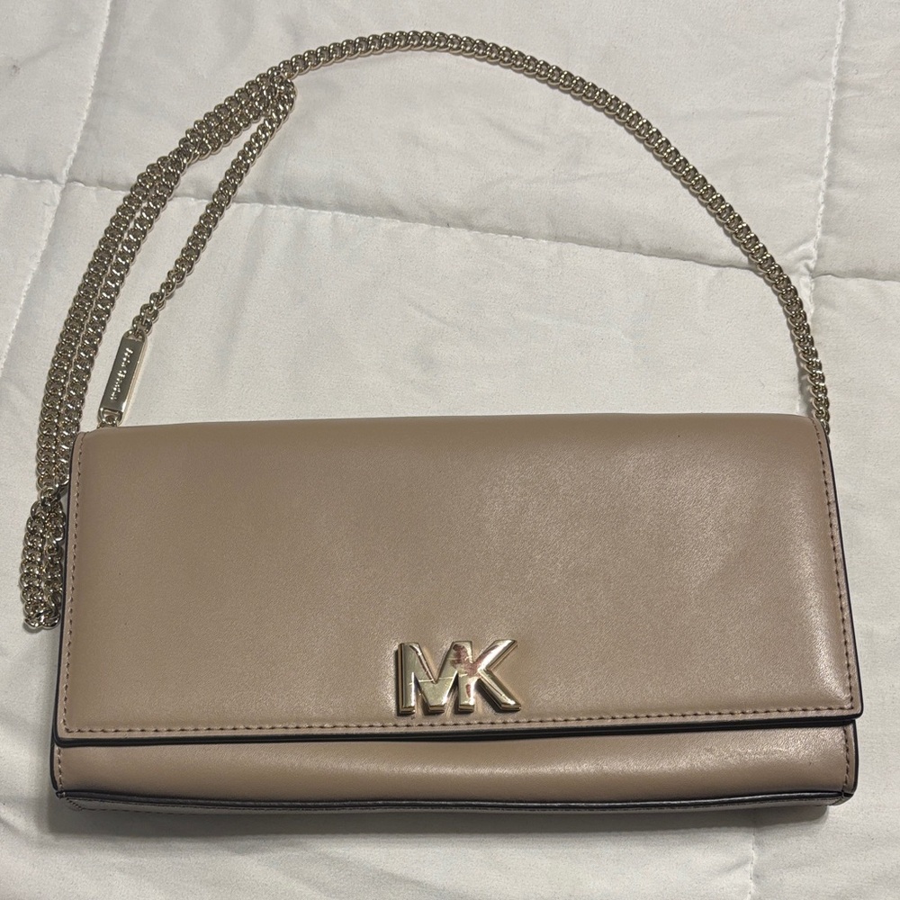 Michael Kors Taupe Leather Clutch with Chain Strap